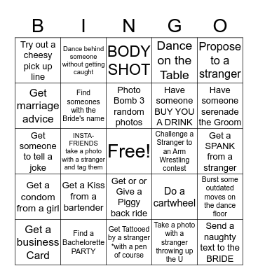 Raul's Bachelor Party  Bingo Card