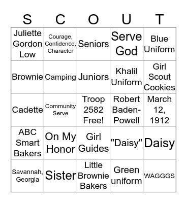 GS Troop 2582 Bingo Card