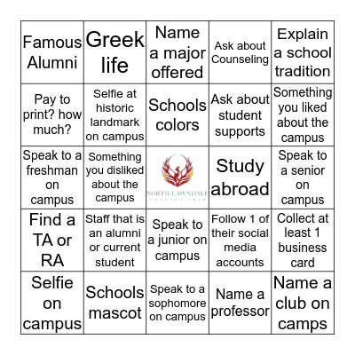 Phoenix College Tour Bingo Card