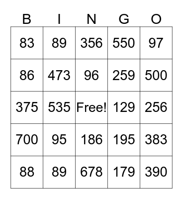 Mental Addition Set #1 Bingo Card