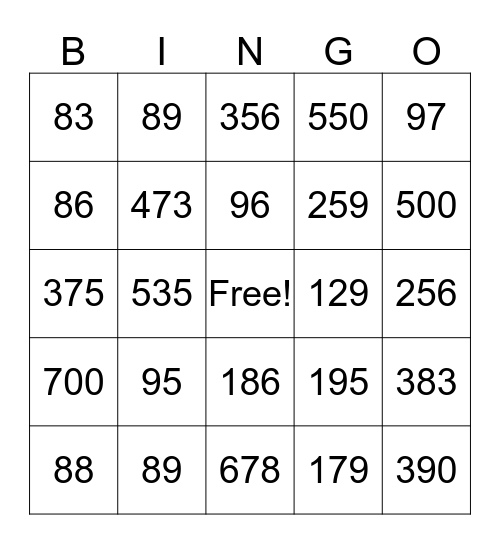 Mental Addition Set #1 Bingo Card