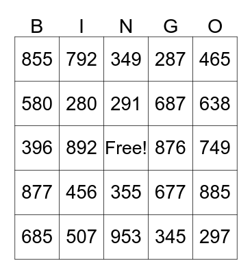 Mental Addition Set #2 Bingo Card