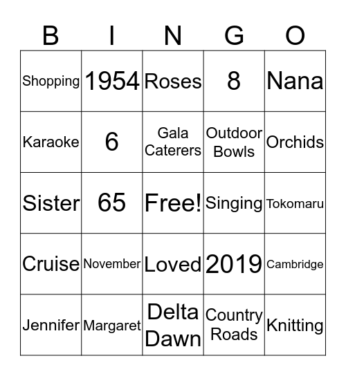 Jennifer's Fun Bingo Card