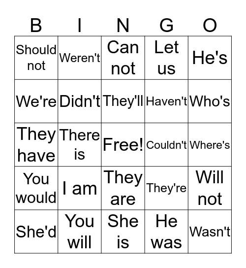 Contractions Bingo Card