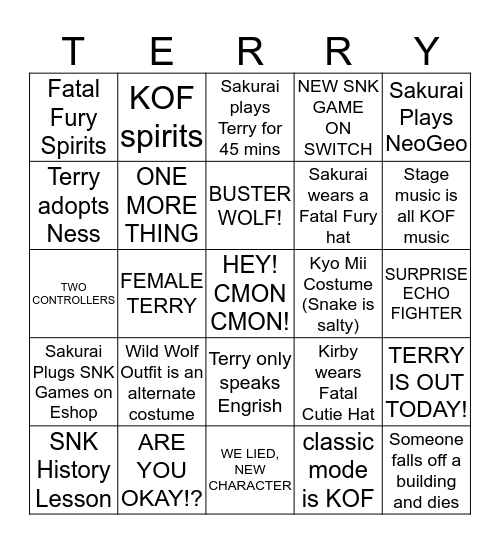 Terry Bogard Smash Bros Presentation Bingo Card