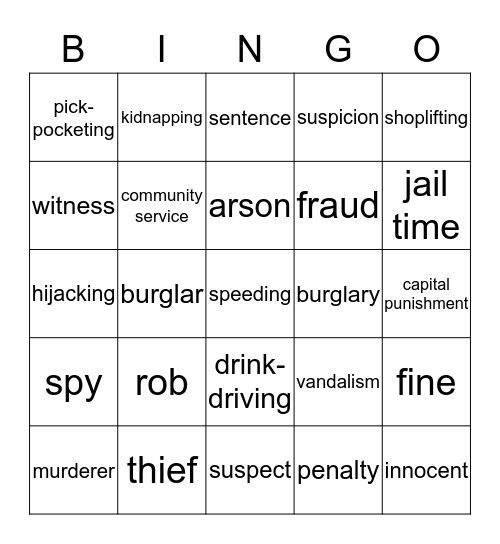 Crime and Punishment Bingo Card