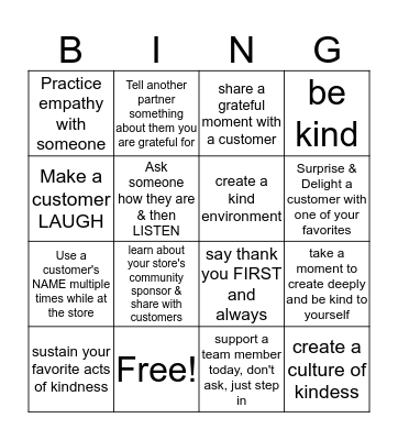 BE KIND Bingo Card