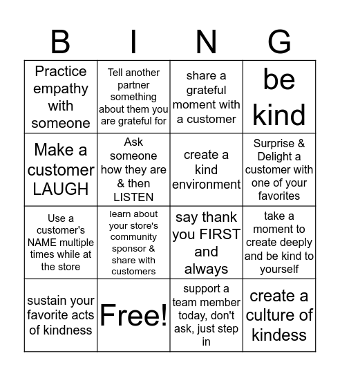 BE KIND Bingo Card
