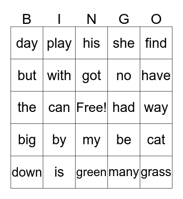 Sight Words Bingo Card