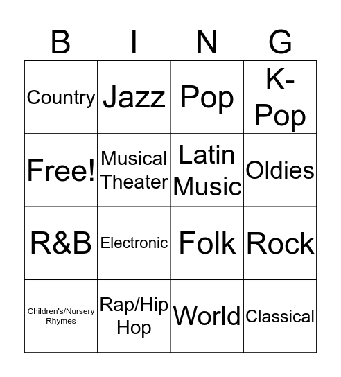 Music Genre Bingo Card