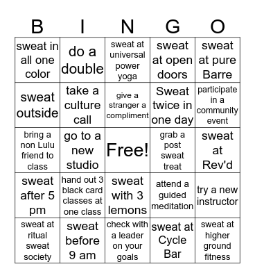 Mindfully Sweaty Bingo Card