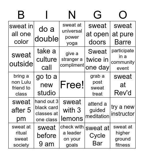 Mindfully Sweaty Bingo Card