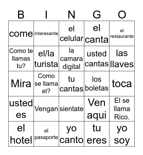 7th Unit 2 Spanish Bingo Card