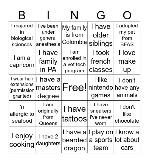 TSAH Bingo Card