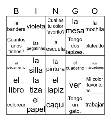 5th/6th Spanish Unit 2 Bingo Card
