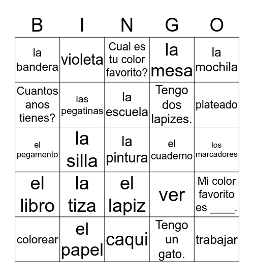 5th/6th Spanish Unit 2 Bingo Card