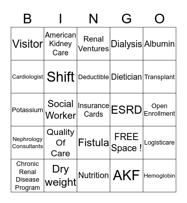 Dialysis Bingo Card