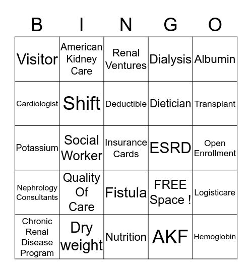 Dialysis Bingo Card