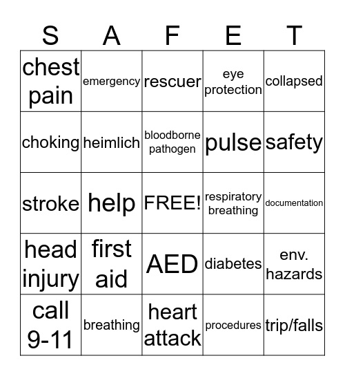 Full Staff Meeting Safe"T" and CPR Bingo Card