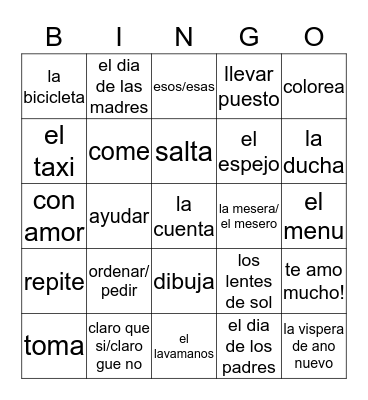 8th Spanish Unit 2 Bingo Card