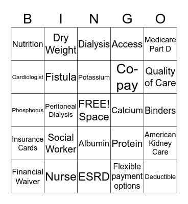 Dialysis Bingo  Bingo Card