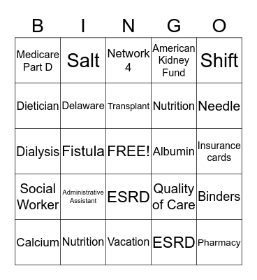 Dialysis Bingo  Bingo Card