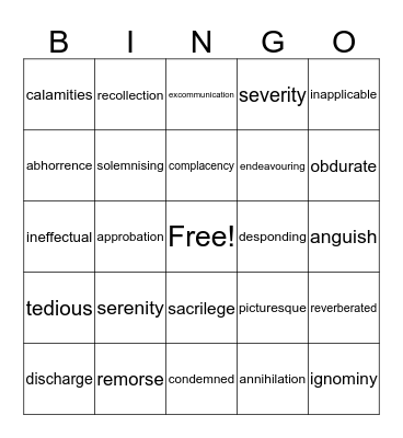 Frankenstein vocabulary Bingo Card