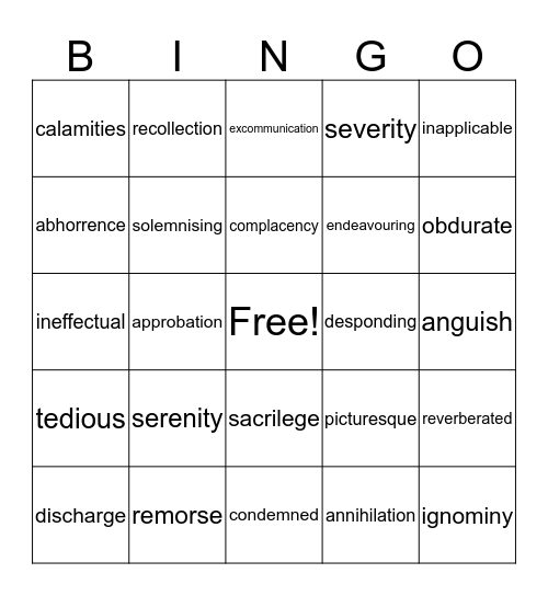 Frankenstein vocabulary Bingo Card