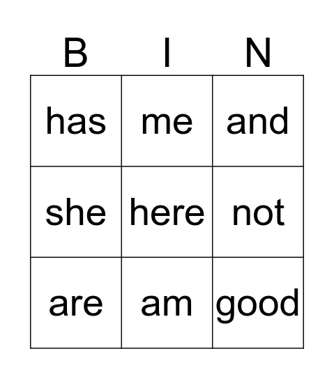 Sight Word Bingo Card