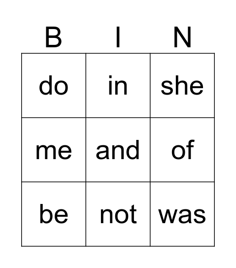 Sight Word Bingo Card