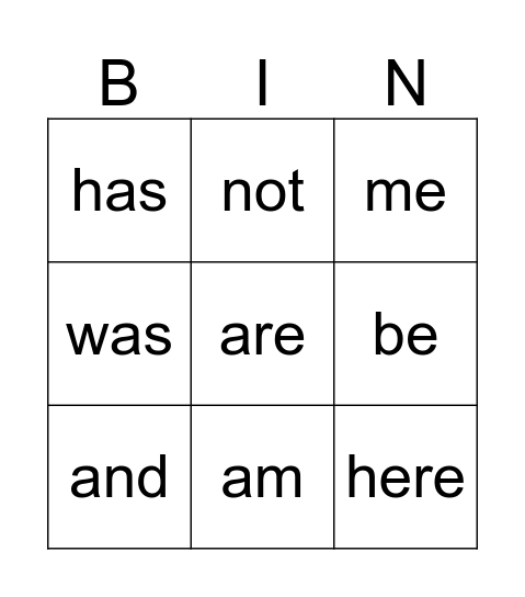 Sight Word Bingo Card