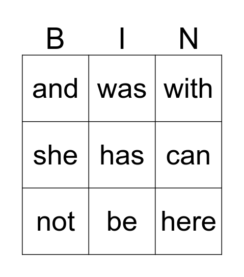 Sight Word Bingo Card