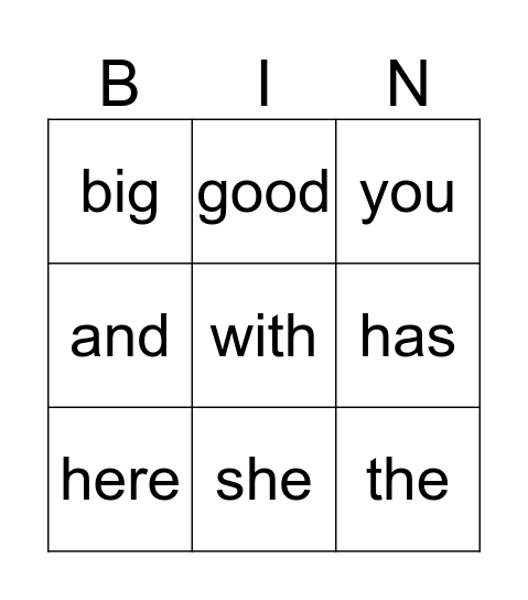 Sight Word Bingo Card