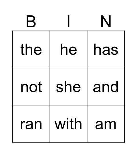 Sight Word Bingo Card
