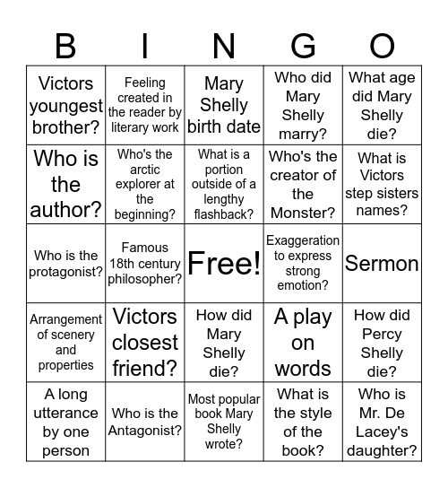 Frankenstein Questions Bingo Card