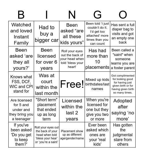 Foster Parent Bingo Card