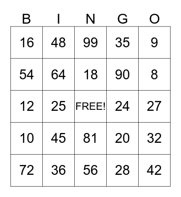 Multiplication Bingo Card