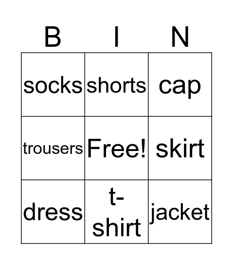SM 1 U6 Get dressed Bingo Card