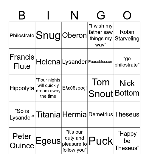Characters Bingo Card