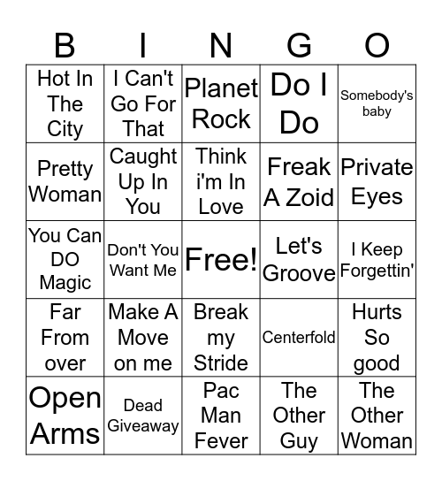 80s Hits Bingo Card