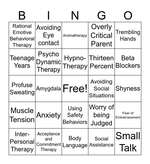 Social Anxiety Disorder Bingo Card