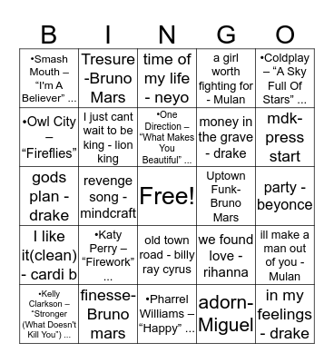 music bingo  Bingo Card