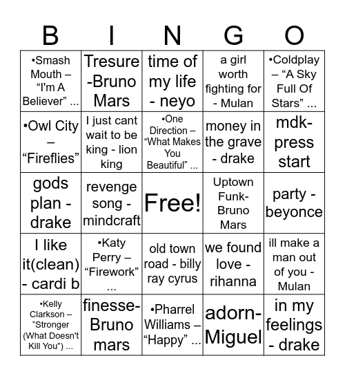 music bingo  Bingo Card