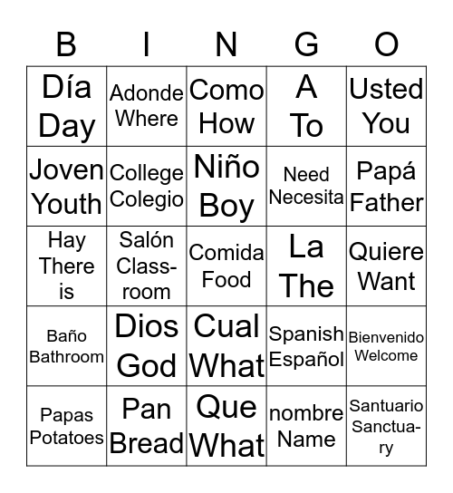 ¡Spanish-English BINGO! Bingo Card