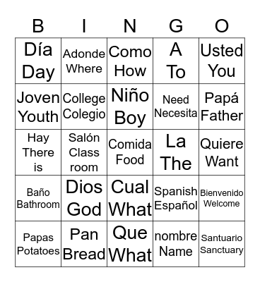 ¡Spanish-English BINGO! Bingo Card