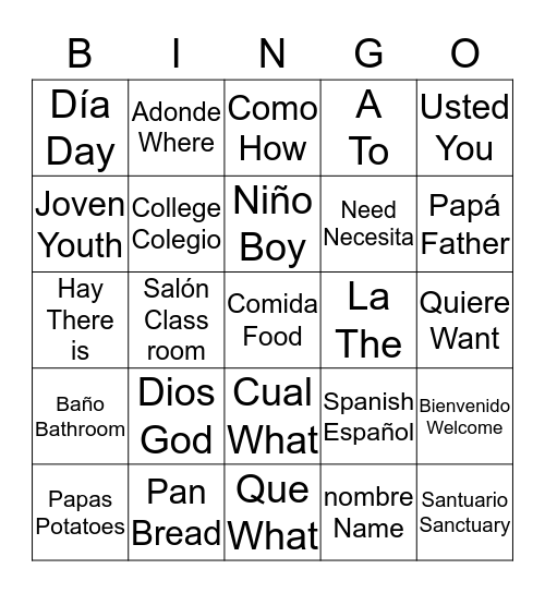 ¡Spanish-English BINGO! Bingo Card