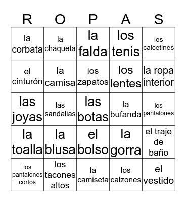 La Ropa Bingo Card