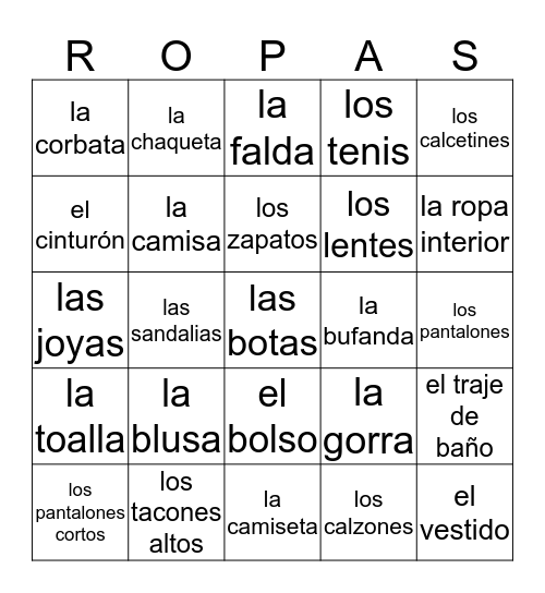 La Ropa Bingo Card