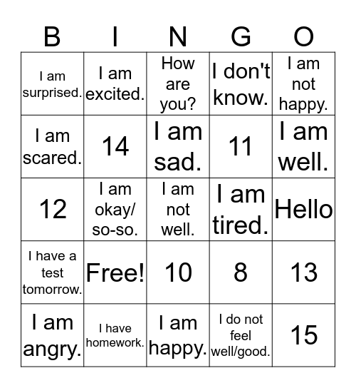 G3 - How am I feeling? Bingo Card