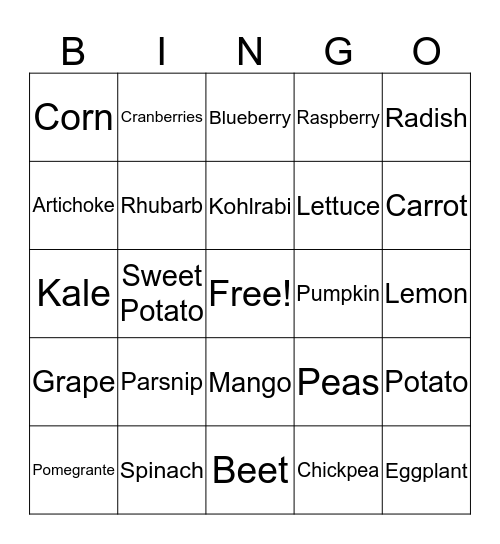 Rainbow of Fruits and Veggies Bingo Card